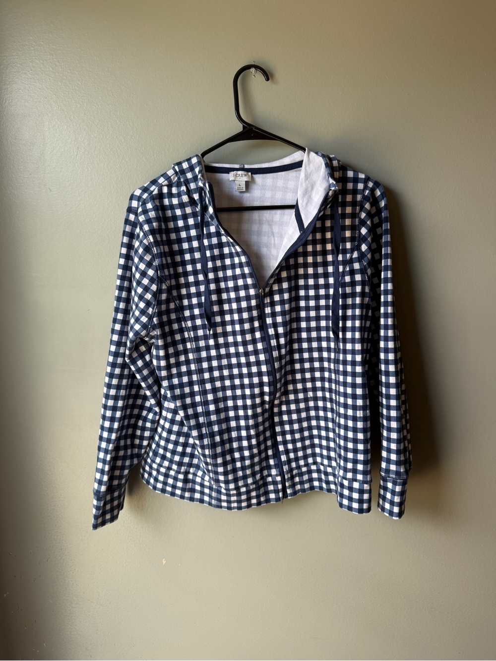 J.Crew Navy & White Gingham Full Zip Hoodie Size Large